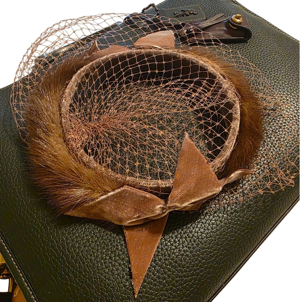 Vintage 1950s Brown Mink Fur Halo Hat Birdcage Veil Velvet Bow Fascinator